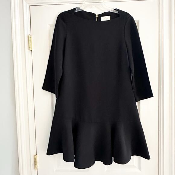 Kate Spade Black Crepe Flounce Dress Solid Size 8 Bateau Boat Neck Mini Elegant - Picture 5 of 15